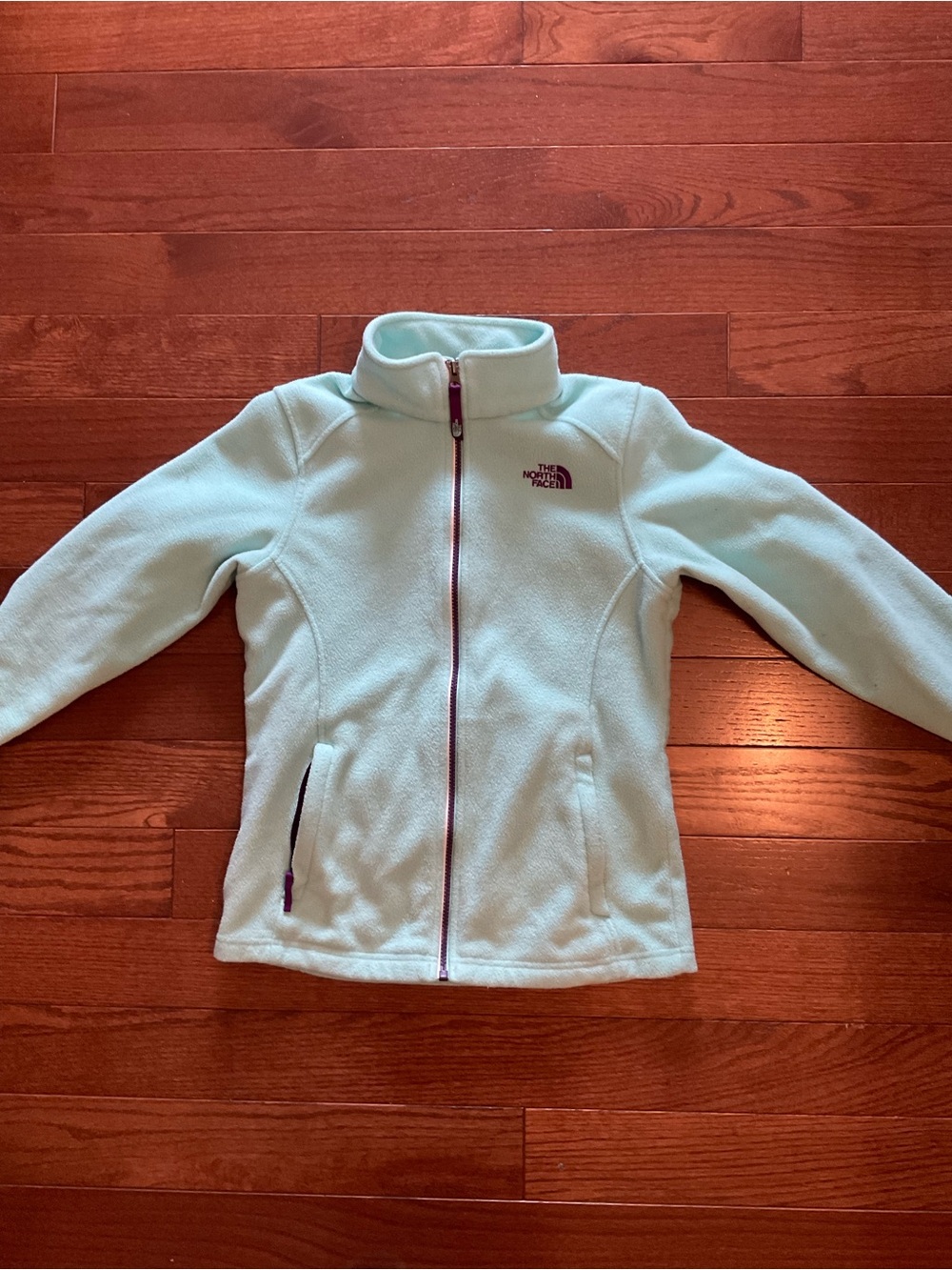 Girls North Face Aqua Fleece Jacket with Purple Trim